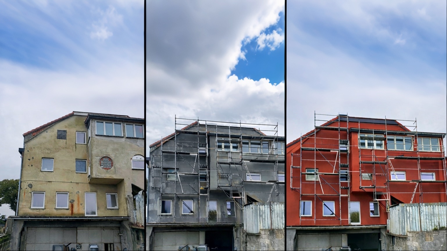 Ravalement de façade et crépi sur immeuble avec échafaudage